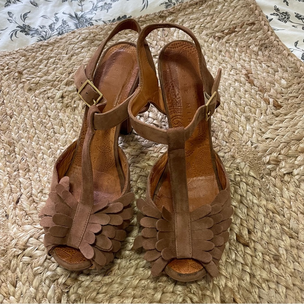 Chie Mihara heels sandals tan suede fringes design size 39.5